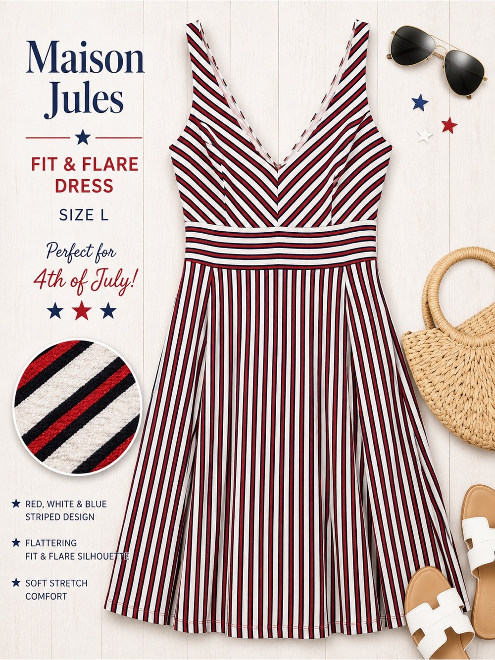 Maison Jules Fit & Flare Dress L Red White Blue Striped V Neck Patriotic Summer